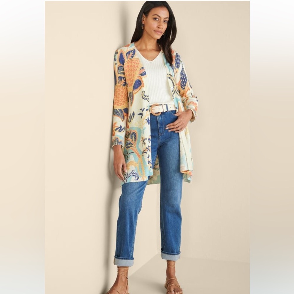 Soft Surroundings Marin Cardigan Chambray Paisley Midi Waffle Sweater Size S